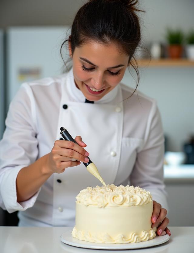 La chef pastelera Elena Ríos concentrada decorando una tarta con una manga pastelera.