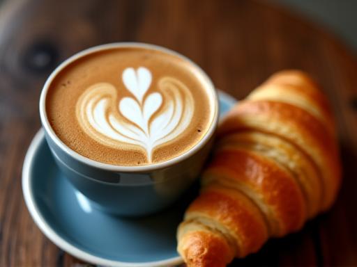 Una taza de cappuccino con latte art junto a un croissant.
